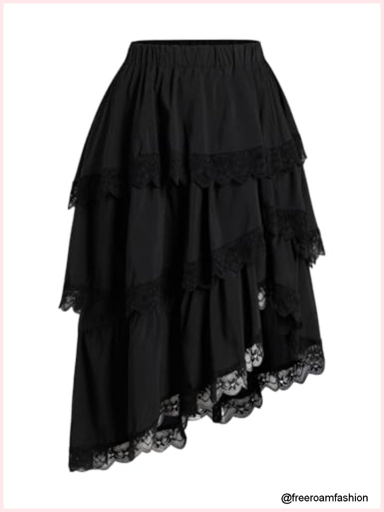 Y2k Western Boho Ruffle Asymmetrical Lace Skirt Tiered Layered A-Line Elastic